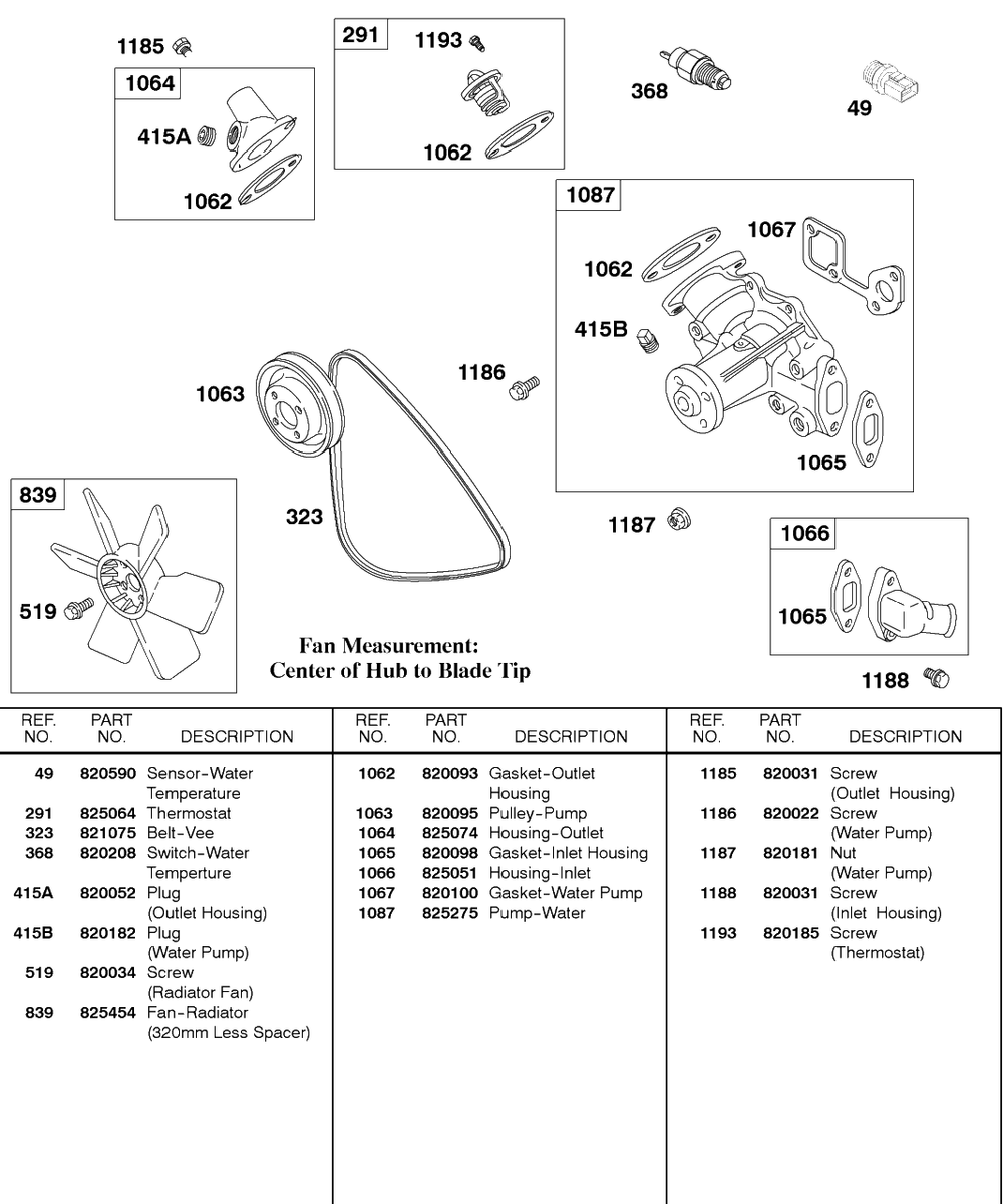 Water Pump, Fan, Vee-Belt Diagram and Parts List for 587447-0105-XX  Briggs and Stratton Engine